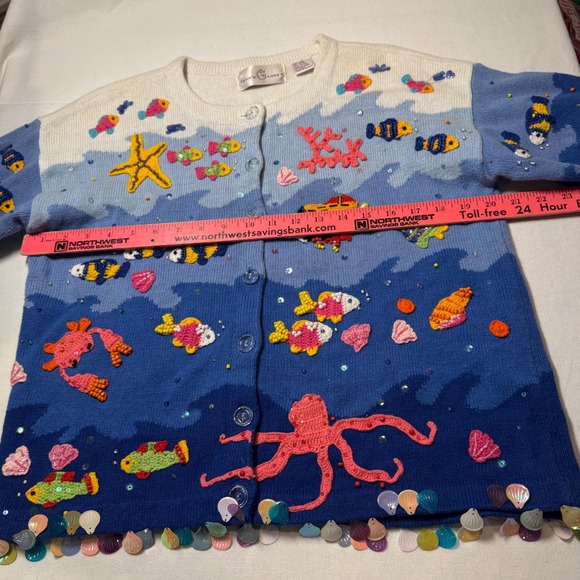 Vtg Jane's Closet Womens Medium Octopus Fish Ocean Life Beaded Cardigan Sweater - Picture 7 of 11
